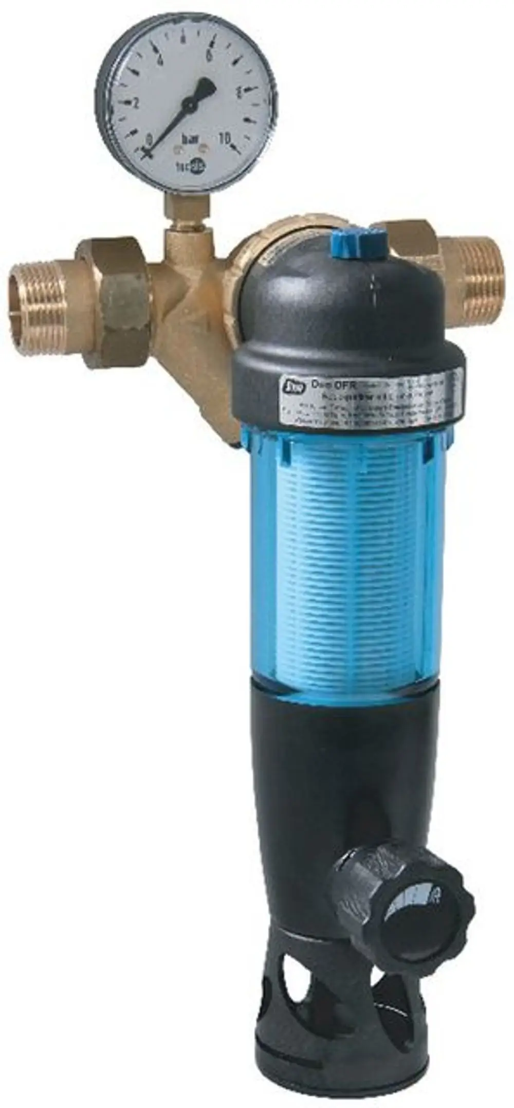 Syr Druckminderer und Rückspülfilter in einer kompakten Bauform, ausgestattet mit einem Manometer zur Drucküberwachung und einem Regelventil zur Einstellung des Wasserdrucks.